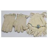 Native American Beaded Leather Gloves,& Beaded Bag