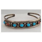 Old Pawn Sterling, Turquois & Coral Cuff Bracelet