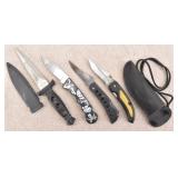 (3) Modern Folding Knives & Dagger w/ Sheath