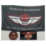 (3) Harley-Davidson Items: Flag Sign, License ...
