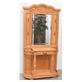 Wooden Hall Tree w/Mirror, Hooks + Drawer