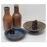 (2) Pottery Bottle Vases + (2) Bowls w/Flower ...