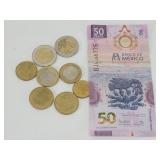 Mexico 50 Peso Bill & Euro Coins