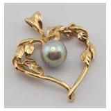 14K Gold Heart & Blue Pearl Pendant 2.8gtw