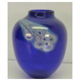 Signed HOT GLASS Cobalt Blue Swirls Art Glass Vase