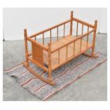 Wooden Rocking Baby Doll Crib + Woven Rag Rug