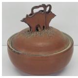 Signed Art Pottery Lidded Pot w/ Cat Handle