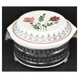 Lidded Casserole Dish w Silver Caddy, Pink Tullp