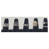 (6) Fashion Rings: Crown, Silver Tone Bridal...