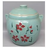 Ceramic Green Cookie Jar Crock with Red Flower