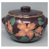 Brown Bean Pot Cookie Jar w Hand Painted Flowers