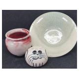 Signed Art Pottery Bowl, Vase & Cat Shaker...