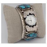 Signed ALW Sterling, Turquoise Cuff Bracelet Watch