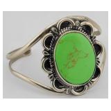 Signed SS Sterling, Green Turquoise Cuff Bracelet