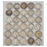 (30) 1916-1945 Mercury 90% Silver Dimes