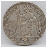 1926 French Indo-China 90% Silver 1 Piastre Coin
