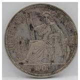 1908 French Indo-China 90% Silver 1 Piastre Coin