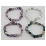 (4) Stretch Stone Bracelets: Amethyst, Green, ...