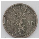 1876 Norway 10 Ore 40% Silver Coin