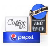 Blue Moon Neon Sign Clock, Pepsi Sign, Coffee Bar