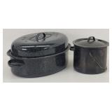 Speckled Enamel Roaster & Small Black Stock Pot