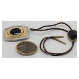 Black Onyx / Gold Tone Bolo Tie, Belt Buckle Set