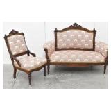 Victorian Wood Carved Parlor Set - Settee + Chair