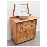 Oak Washstand/Dry Sink Cabinet w/Enamelware ...