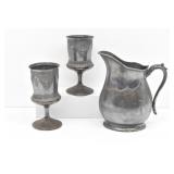 Meriden Silver Plate Pitcher & 2-Ornate Goblets