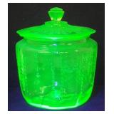 1930s Uranium Green Depression Glass Cookie Jar