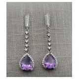.925 & Amethyst Signed Dangle Earrings - 4.9 gtw