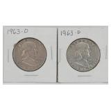 (2) 1963 Franklin 90% Silver Half Dollars