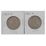 (2) 1963 Franklin 90% Silver Half Dollars