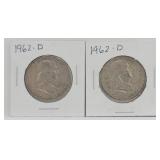 (2) 1962 Franklin 90% Silver Half Dollars