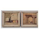 Pair of Small French Street / Marketplace Prints