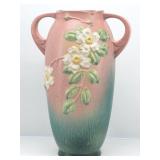Roseville White Rose Large  Pink Handled Vase