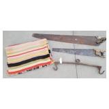 (2) Antique Saws, Iron Gambrel, Hand Woven Poncho