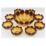 MCM Indiana Glass Dark Light Amber Lotus Bowl Set