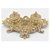 Ornate Brass Rococo Desk Double Inkwell