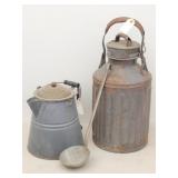 Antique Cream Can & Enamelware Coffee Pot - Ladle