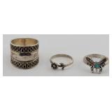 (3) Sterling? Rings: Cigar Band, Flower, Butterfly