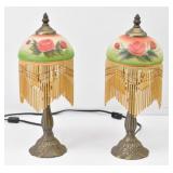 Pair Boudoir Table Lamps Beaded Glass Chic