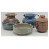 (4pcs) Art Pottery: Pitcher, Vase, Bowl, Jar w/Lid