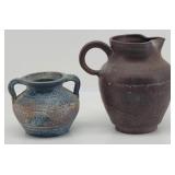 Signed Pottery Pitcher & 2 Handle Textured Vase