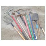 (9) Yard Tools: 10 Tine Pitch Fork, Pick, Rakes...