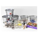 Metal Bucket w/ Beer Logos, Cream Pitchers...