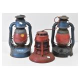 (3) Dietz Antique Lanterns 2-Blue w/ Red Glass...