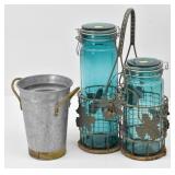 (2) Green Glass Pasta Jars & Metal Flower Vase