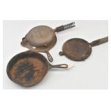 2 Antique Griswold #9 Waffle Irons & Skillet 9"