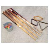 Pool Cues, Billiard Ball Racks & Bucket of Darts